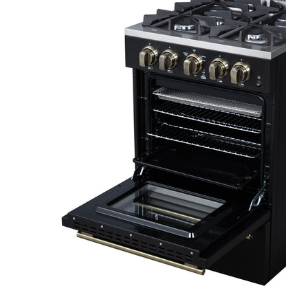 Forno Breno 24-Inch Freestanding Gas Range, 2.3 Cu. Ft. Oven, 4 Sealed Burners, Storage Drawer, Air Fryer Kit, Black with Antique Brass Accents (FFSGS6272-24BLK)