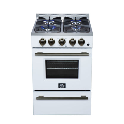 FORNO Breno 24-Inch Freestanding Gas Range, 2.3 cu. ft. Oven, 4 Sealed Burners, Storage Drawer, Air Fryer Kit, White with Antique Brass Accents (Model FFSGS6272-24WHT)
