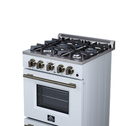 FORNO Breno 24-Inch Freestanding Gas Range, 2.3 cu. ft. Oven, 4 Sealed Burners, Storage Drawer, Air Fryer Kit, White with Antique Brass Accents (Model FFSGS6272-24WHT)