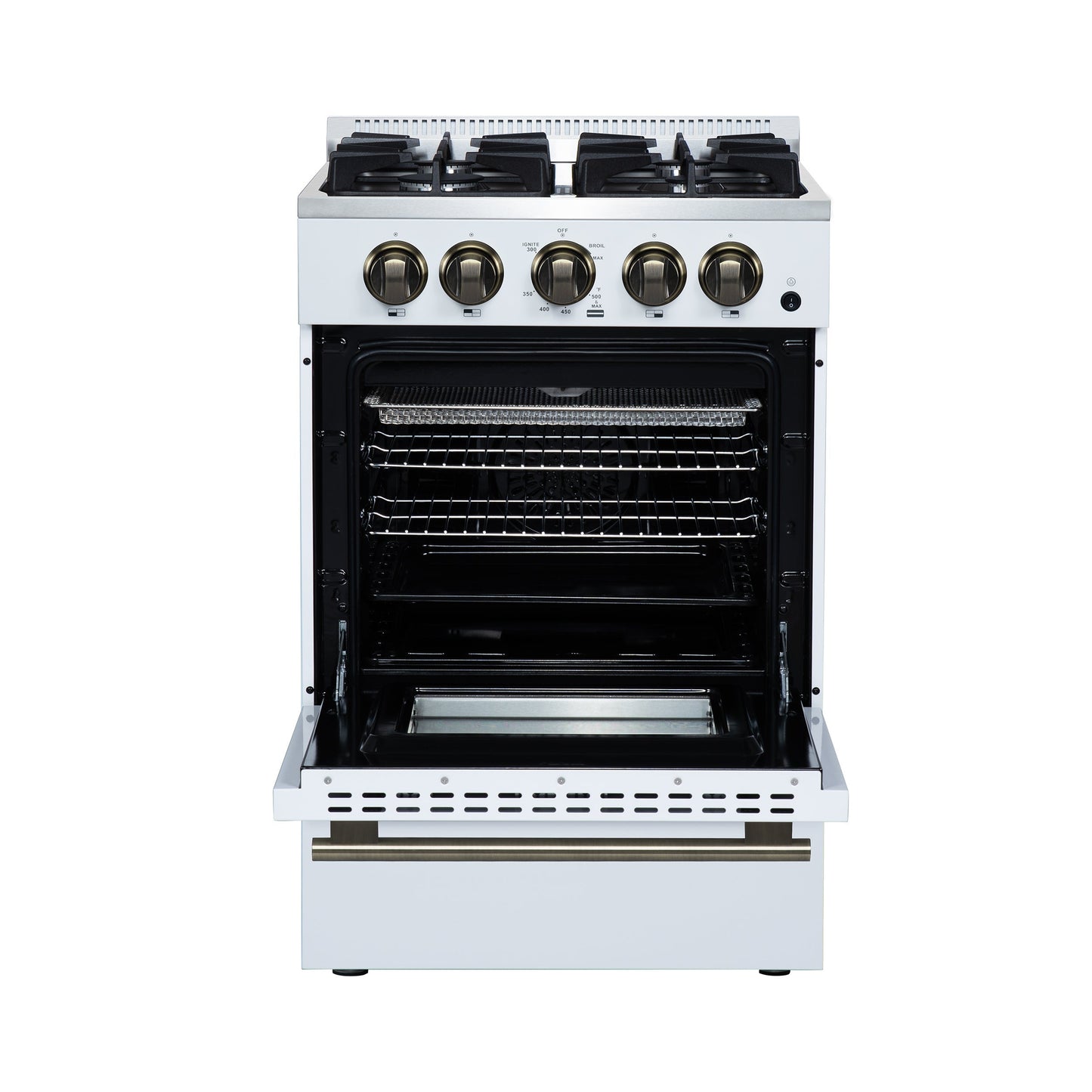 FORNO Breno 24-Inch Freestanding Gas Range, 2.3 cu. ft. Oven, 4 Sealed Burners, Storage Drawer, Air Fryer Kit, White with Antique Brass Accents (Model FFSGS6272-24WHT)