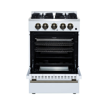 FORNO Breno 24-Inch Freestanding Gas Range, 2.3 cu. ft. Oven, 4 Sealed Burners, Storage Drawer, Air Fryer Kit, White with Antique Brass Accents (Model FFSGS6272-24WHT)