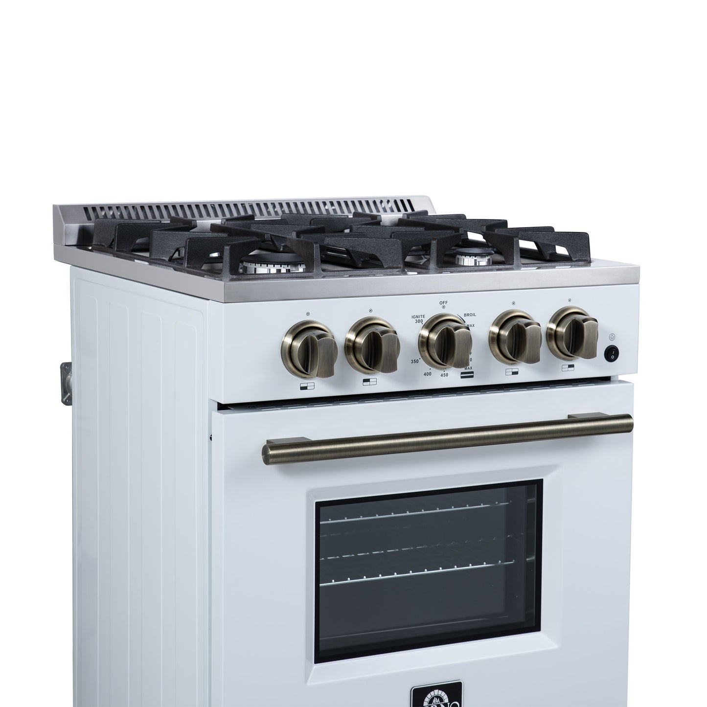 FORNO Breno 24-Inch Freestanding Gas Range, 2.3 cu. ft. Oven, 4 Sealed Burners, Storage Drawer, Air Fryer Kit, White with Antique Brass Accents (Model FFSGS6272-24WHT)