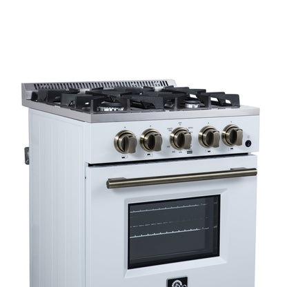 FORNO Breno 24-Inch Freestanding Gas Range, 2.3 cu. ft. Oven, 4 Sealed Burners, Storage Drawer, Air Fryer Kit, White with Antique Brass Accents (Model FFSGS6272-24WHT)
