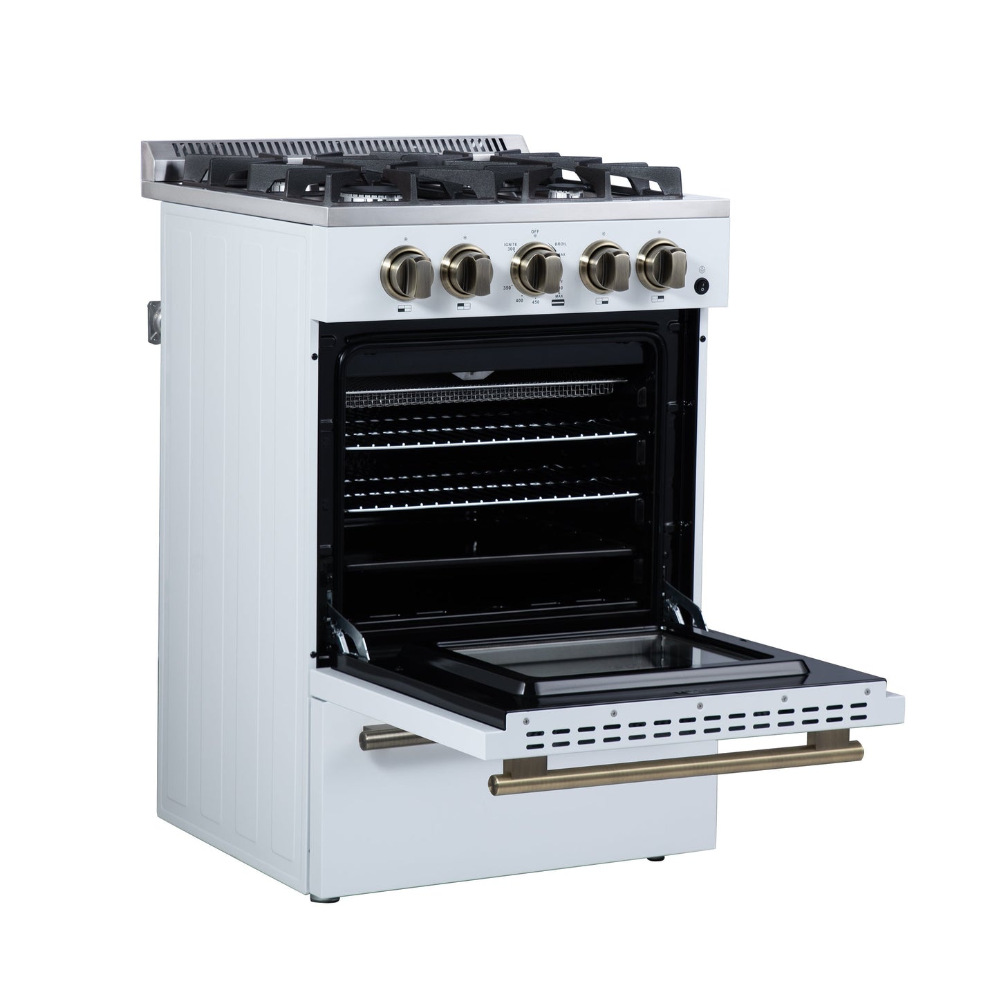 FORNO Breno 24-Inch Freestanding Gas Range, 2.3 cu. ft. Oven, 4 Sealed Burners, Storage Drawer, Air Fryer Kit, White with Antique Brass Accents (Model FFSGS6272-24WHT)
