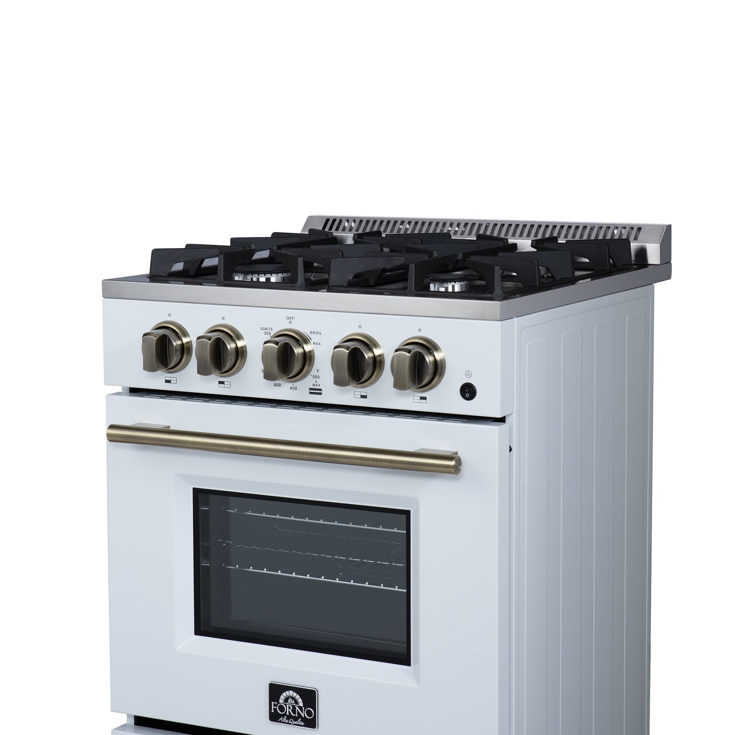 FORNO Breno 24-Inch Freestanding Gas Range, 2.3 cu. ft. Oven, 4 Sealed Burners, Storage Drawer, Air Fryer Kit, White with Antique Brass Accents (Model FFSGS6272-24WHT)