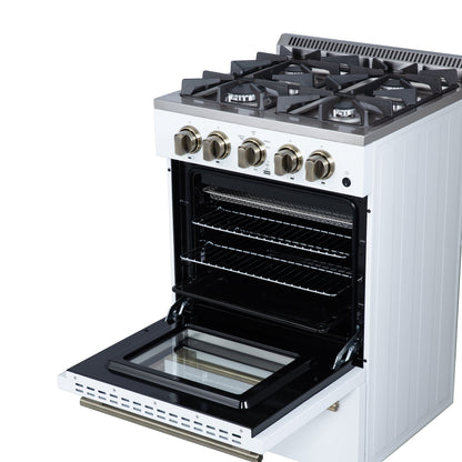 FORNO Breno 24-Inch Freestanding Gas Range, 2.3 cu. ft. Oven, 4 Sealed Burners, Storage Drawer, Air Fryer Kit, White with Antique Brass Accents (Model FFSGS6272-24WHT)