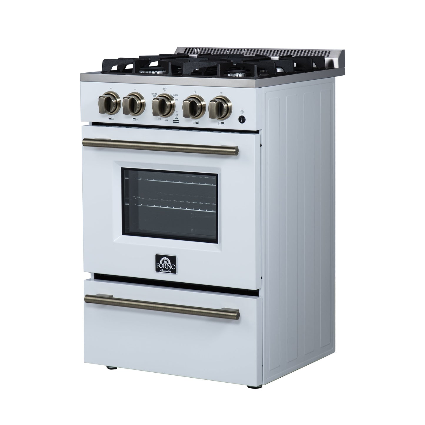 FORNO Breno 24-Inch Freestanding Gas Range, 2.3 cu. ft. Oven, 4 Sealed Burners, Storage Drawer, Air Fryer Kit, White with Antique Brass Accents (Model FFSGS6272-24WHT)