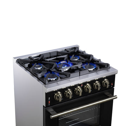 Forno Massimo 30-Inch Freestanding Gas Range, 4.32 cu ft Oven, 5 Sealed Burners, Air Fryer Kit, Wok Ring, Griddle, Black with Antique Brass Accents (FFSGS6239-30BLK)
