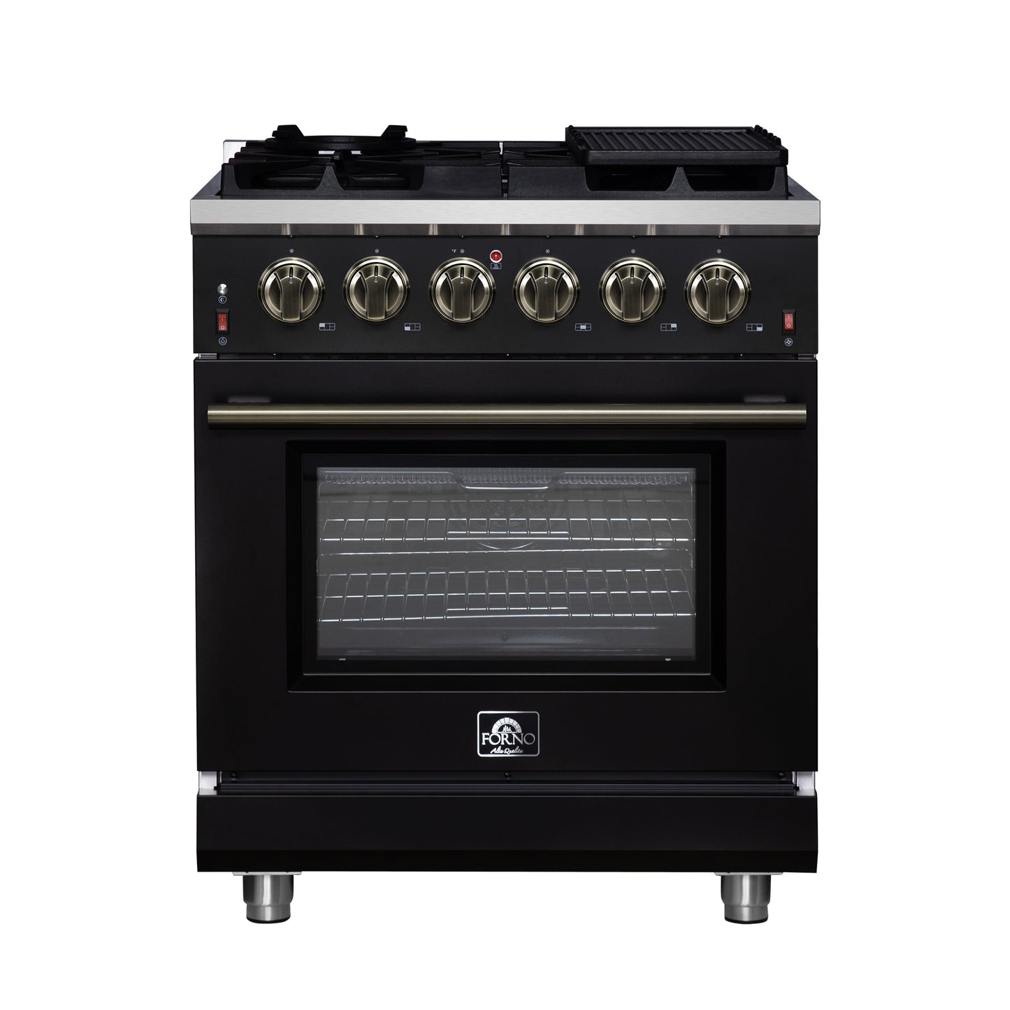 Forno Massimo 30-Inch Freestanding Gas Range, 4.32 cu ft Oven, 5 Sealed Burners, Air Fryer Kit, Wok Ring, Griddle, Black with Antique Brass Accents (FFSGS6239-30BLK)