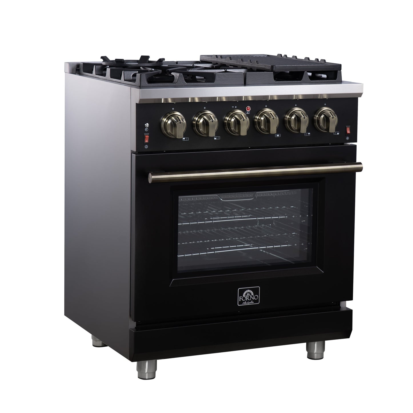 Forno Massimo 30-Inch Freestanding Gas Range, 4.32 cu ft Oven, 5 Sealed Burners, Air Fryer Kit, Wok Ring, Griddle, Black with Antique Brass Accents (FFSGS6239-30BLK)