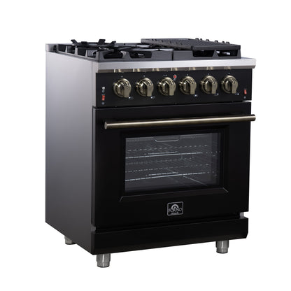 Forno Massimo 30-Inch Freestanding Gas Range, 4.32 cu ft Oven, 5 Sealed Burners, Air Fryer Kit, Wok Ring, Griddle, Black with Antique Brass Accents (FFSGS6239-30BLK)