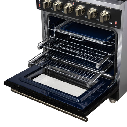 Forno Massimo 30-Inch Freestanding Gas Range, 4.32 cu ft Oven, 5 Sealed Burners, Air Fryer Kit, Wok Ring, Griddle, Black with Antique Brass Accents (FFSGS6239-30BLK)