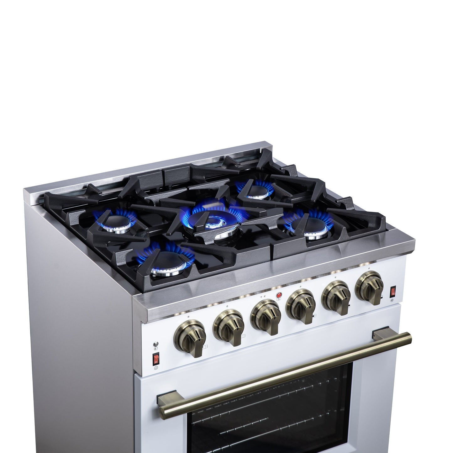 Forno Massimo 30-Inch Freestanding Gas Range, 4.32 cu. ft. Oven, 5 Sealed Burners, Air Fry Kit, White with Antique Brass Accents (Model FFSGS6239-30WHT)