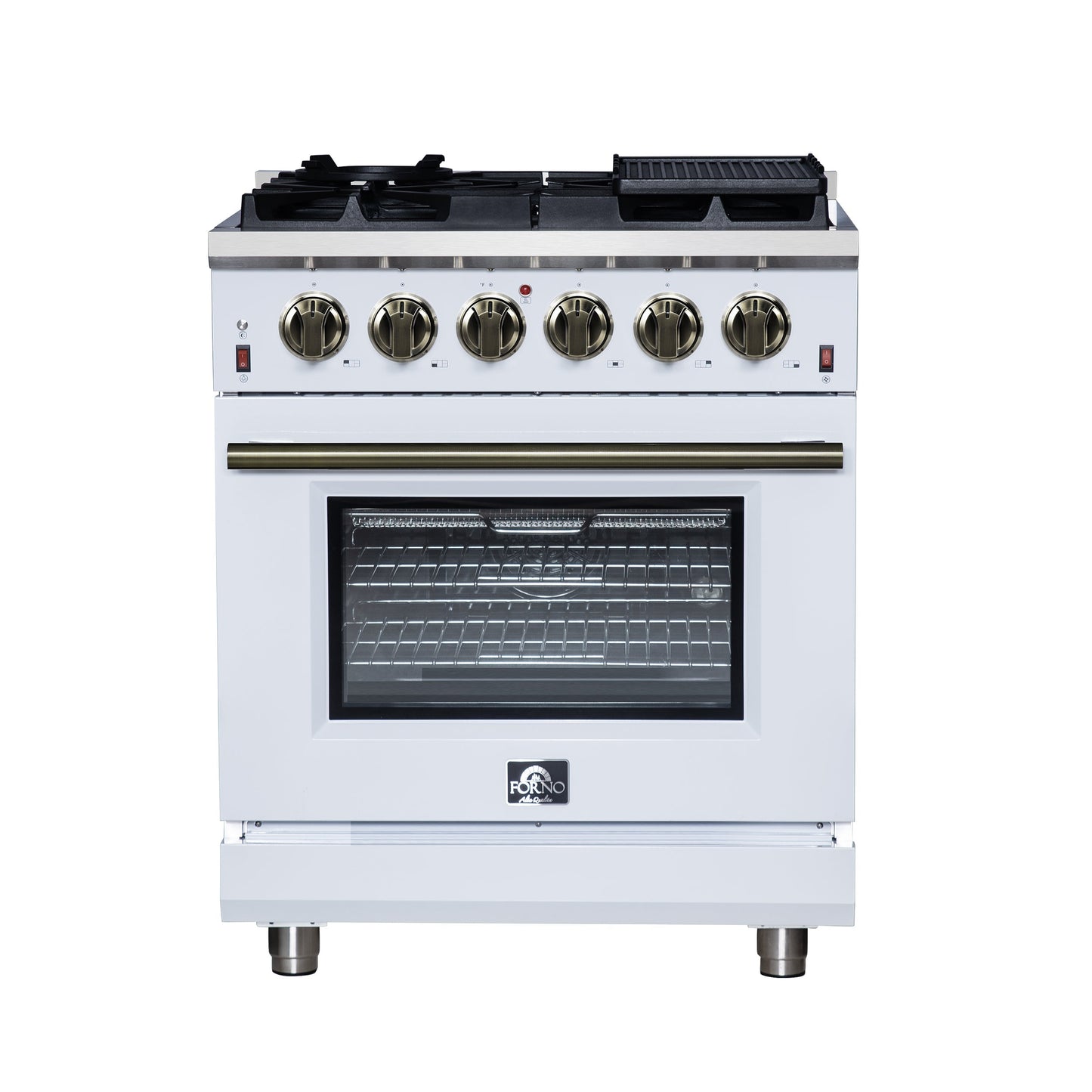 Forno Massimo 30-Inch Freestanding Gas Range, 4.32 cu. ft. Oven, 5 Sealed Burners, Air Fry Kit, White with Antique Brass Accents (Model FFSGS6239-30WHT)
