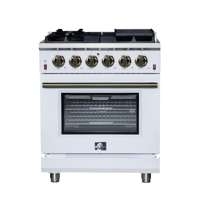 Forno Massimo 30-Inch Freestanding Gas Range, 4.32 cu. ft. Oven, 5 Sealed Burners, Air Fry Kit, White with Antique Brass Accents (Model FFSGS6239-30WHT)