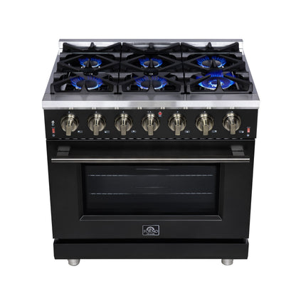 FORNO Massimo 36-Inch Freestanding Gas Range, 5.36 cu. ft. Oven, 6 Sealed Burners, Black with Antique Brass Accents (Model FFSGS6239-36BLK)