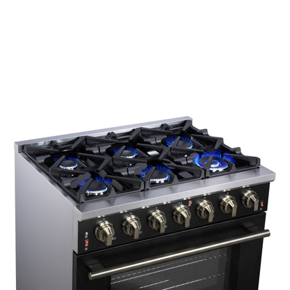 FORNO Massimo 36-Inch Freestanding Gas Range, 5.36 cu. ft. Oven, 6 Sealed Burners, Black with Antique Brass Accents (Model FFSGS6239-36BLK)