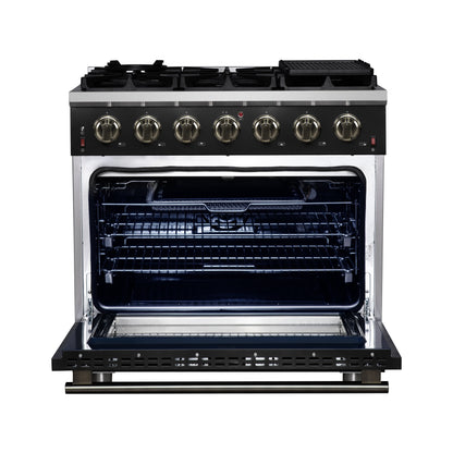 FORNO Massimo 36-Inch Freestanding Gas Range, 5.36 cu. ft. Oven, 6 Sealed Burners, Black with Antique Brass Accents (Model FFSGS6239-36BLK)