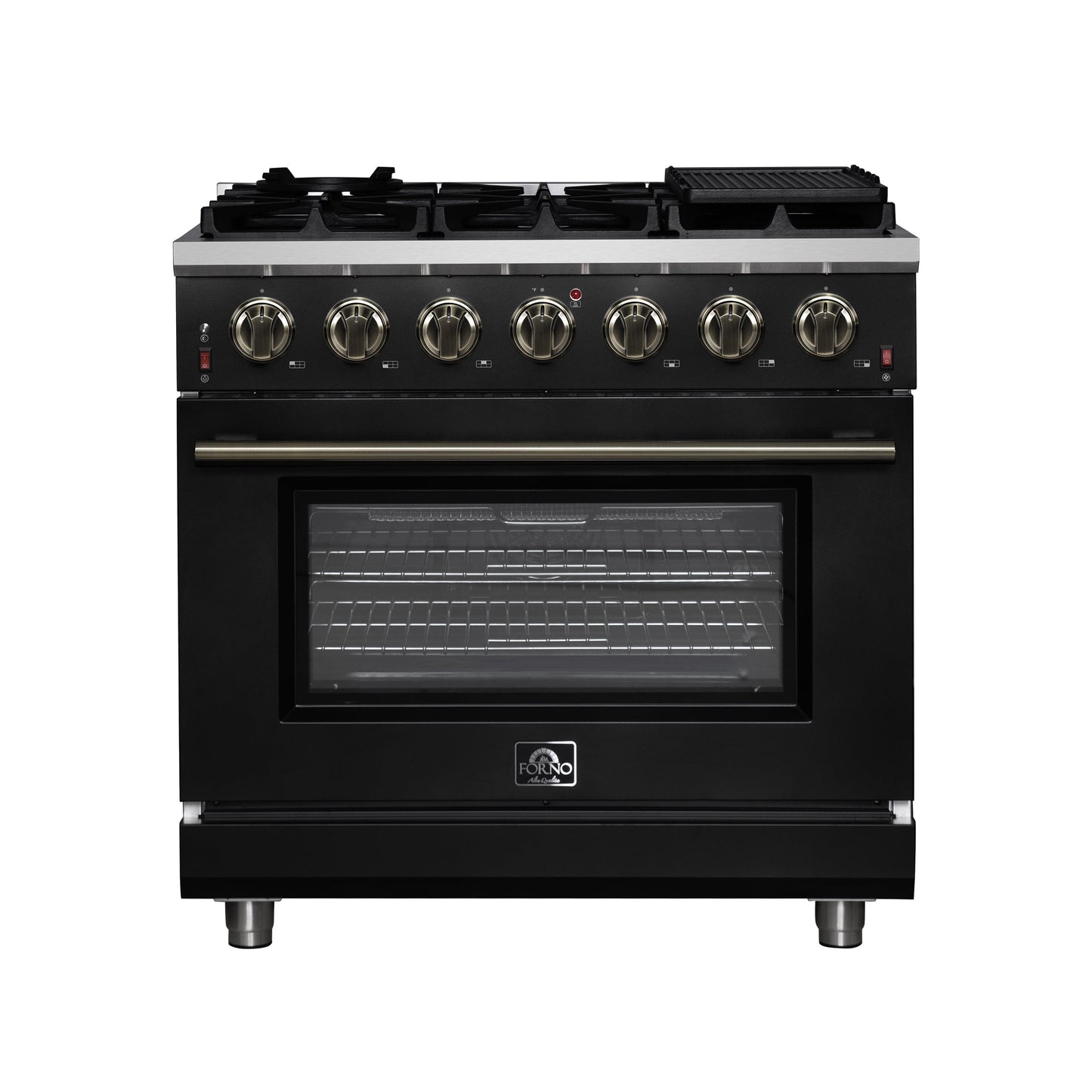 FORNO Massimo 36-Inch Freestanding Gas Range, 5.36 cu. ft. Oven, 6 Sealed Burners, Black with Antique Brass Accents (Model FFSGS6239-36BLK)