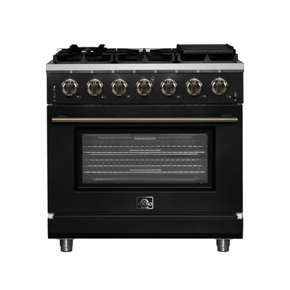 FORNO Massimo 36-Inch Freestanding Gas Range, 5.36 cu. ft. Oven, 6 Sealed Burners, Black with Antique Brass Accents (Model FFSGS6239-36BLK)