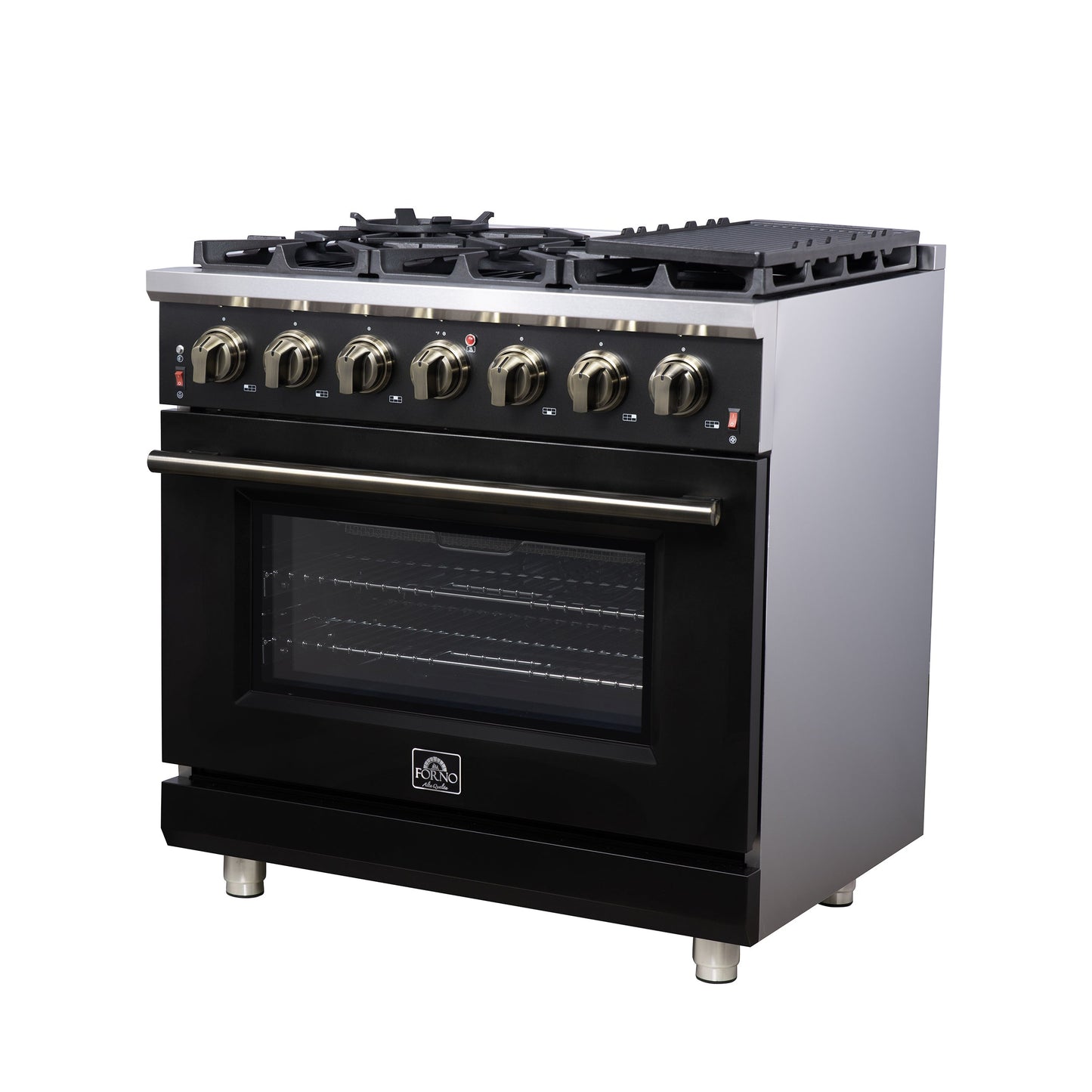FORNO Massimo 36-Inch Freestanding Gas Range, 5.36 cu. ft. Oven, 6 Sealed Burners, Black with Antique Brass Accents (Model FFSGS6239-36BLK)