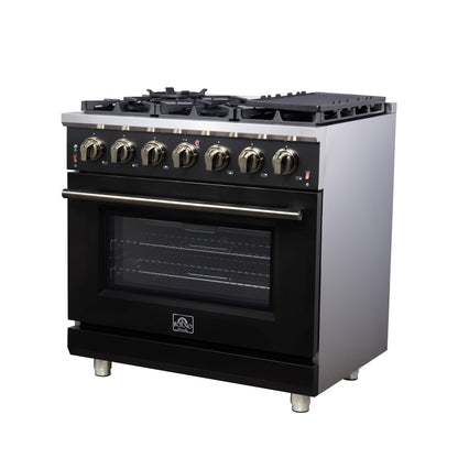 FORNO Massimo 36-Inch Freestanding Gas Range, 5.36 cu. ft. Oven, 6 Sealed Burners, Black with Antique Brass Accents (Model FFSGS6239-36BLK)