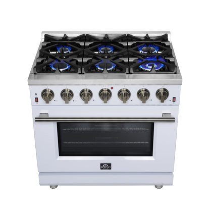Forno Massimo 36-Inch Freestanding Gas Range with 6 Sealed Burners, 5.36 cu. ft. Oven, Air Fryer Kit, Wok Ring and Griddle, White with Antique Brass Accents (Model FFSGS6239-36WHT)