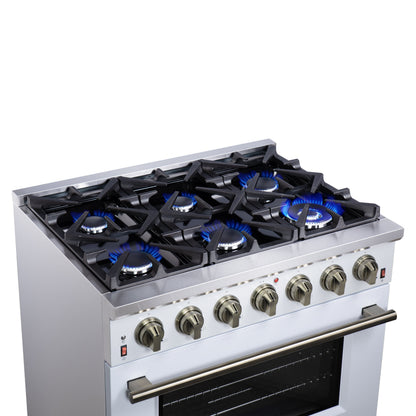 Forno Massimo 36-Inch Freestanding Gas Range with 6 Sealed Burners, 5.36 cu. ft. Oven, Air Fryer Kit, Wok Ring and Griddle, White with Antique Brass Accents (Model FFSGS6239-36WHT)