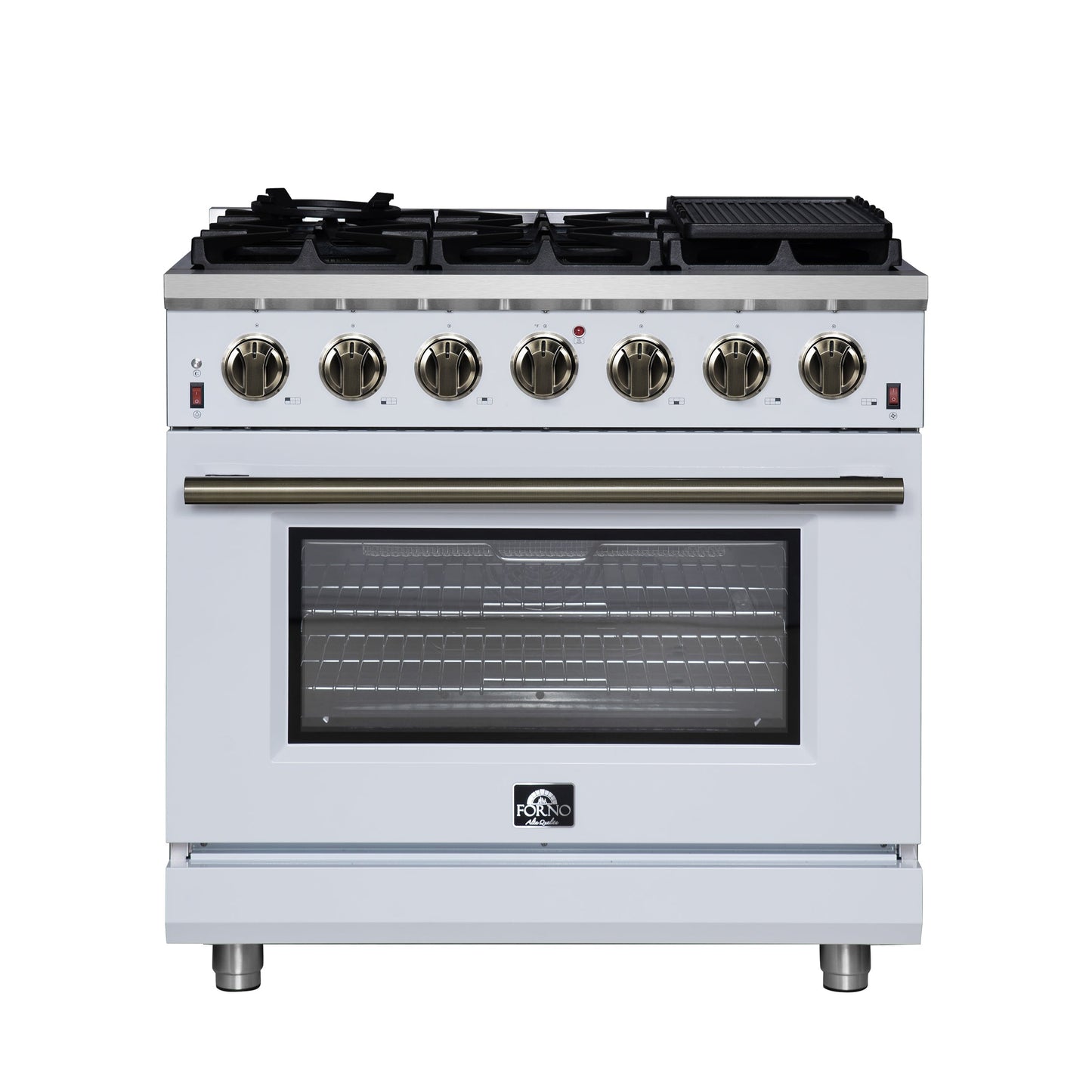 Forno Massimo 36-Inch Freestanding Gas Range with 6 Sealed Burners, 5.36 cu. ft. Oven, Air Fryer Kit, Wok Ring and Griddle, White with Antique Brass Accents (Model FFSGS6239-36WHT)