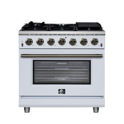 Forno Massimo 36-Inch Freestanding Gas Range with 6 Sealed Burners, 5.36 cu. ft. Oven, Air Fryer Kit, Wok Ring and Griddle, White with Antique Brass Accents (Model FFSGS6239-36WHT)