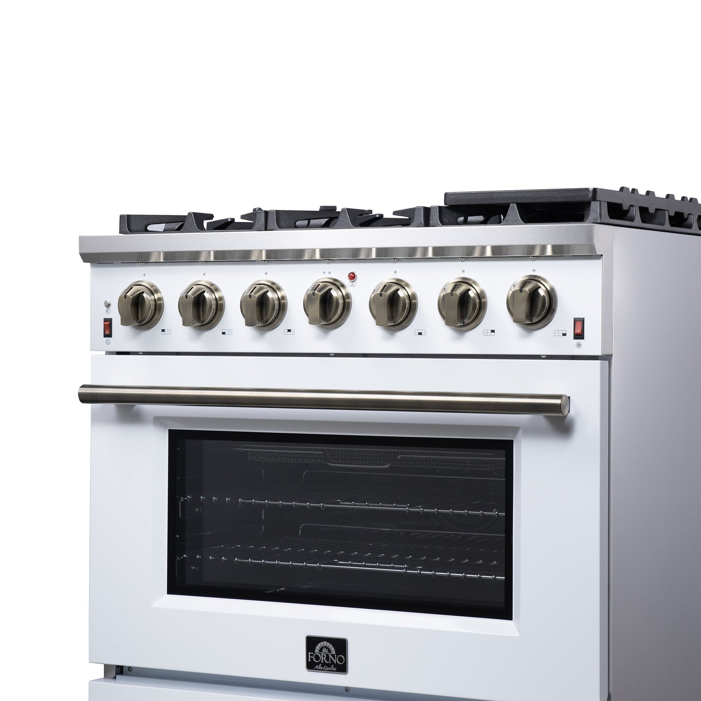 Forno Massimo 36-Inch Freestanding Gas Range with 6 Sealed Burners, 5.36 cu. ft. Oven, Air Fryer Kit, Wok Ring and Griddle, White with Antique Brass Accents (Model FFSGS6239-36WHT)