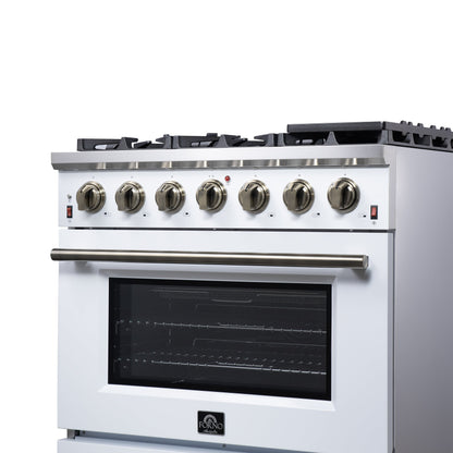 Forno Massimo 36-Inch Freestanding Gas Range with 6 Sealed Burners, 5.36 cu. ft. Oven, Air Fryer Kit, Wok Ring and Griddle, White with Antique Brass Accents (Model FFSGS6239-36WHT)
