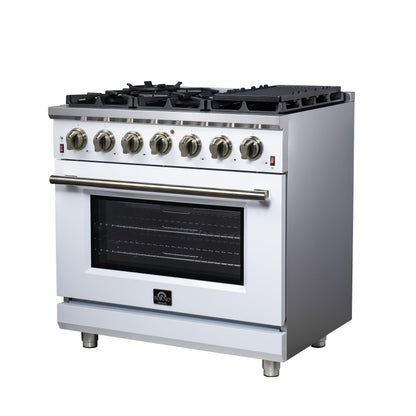 Forno Massimo 36-Inch Freestanding Gas Range with 6 Sealed Burners, 5.36 cu. ft. Oven, Air Fryer Kit, Wok Ring and Griddle, White with Antique Brass Accents (Model FFSGS6239-36WHT)