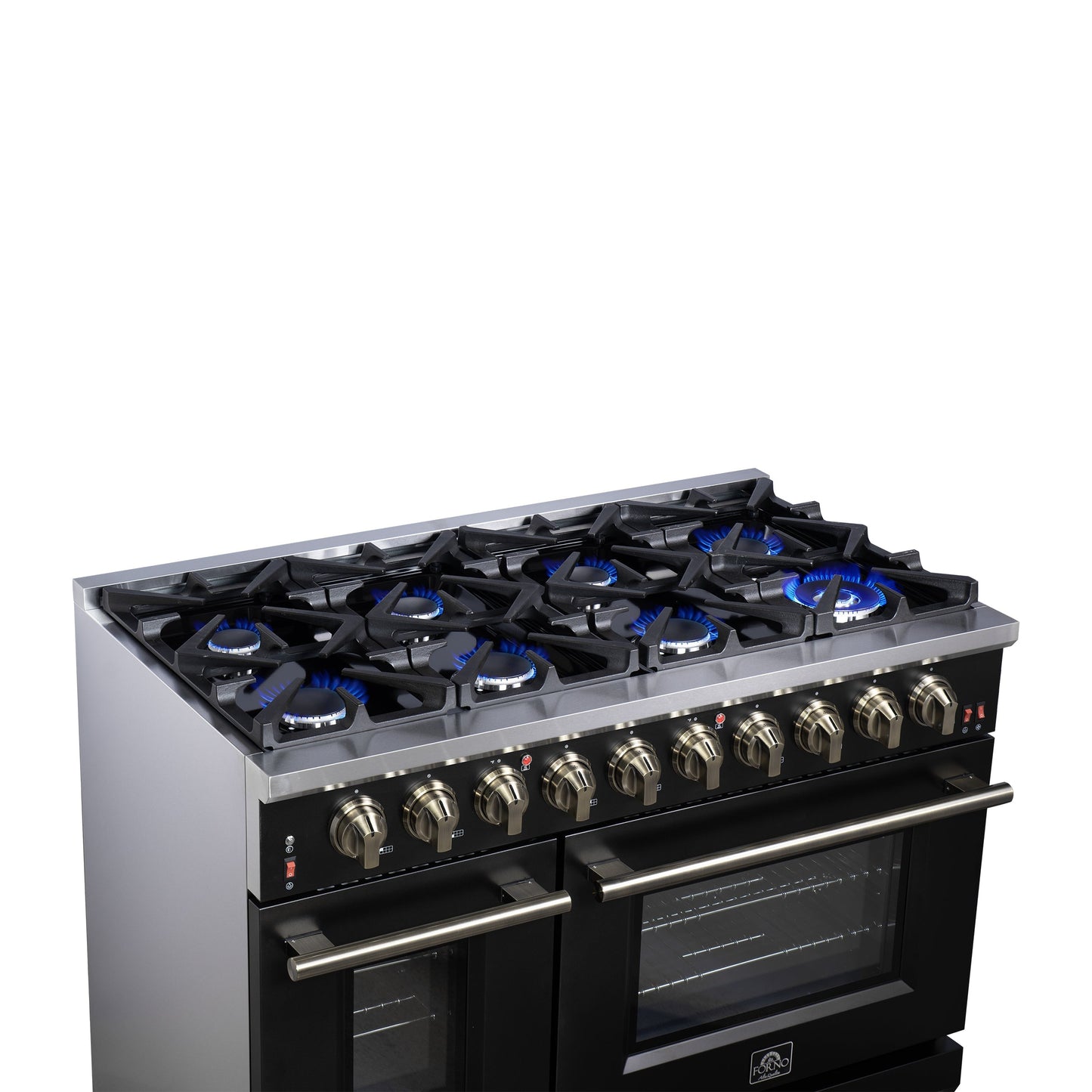 Forno Massimo 48-Inch Freestanding Gas Range with 8 Sealed Burners, 6.58 cu. ft. Double Oven, Black with Antique Brass Accents (Model FFSGS6239-48BLK)