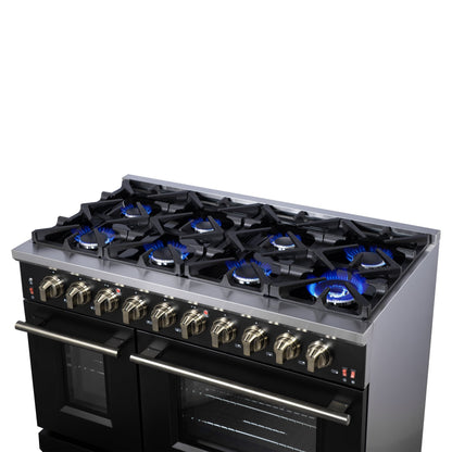 Forno Massimo 48-Inch Freestanding Gas Range with 8 Sealed Burners, 6.58 cu. ft. Double Oven, Black with Antique Brass Accents (Model FFSGS6239-48BLK)