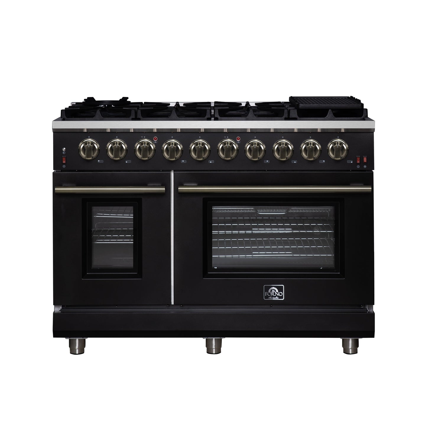 Forno Massimo 48-Inch Freestanding Gas Range with 8 Sealed Burners, 6.58 cu. ft. Double Oven, Black with Antique Brass Accents (Model FFSGS6239-48BLK)