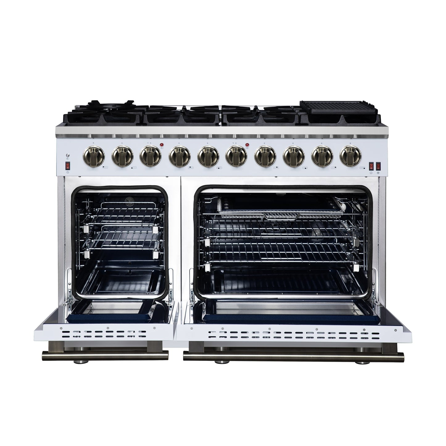 Forno Massimo 48-Inch Freestanding Gas Range with 8 Sealed Burners, 6.58 cu. ft. Oven, Air Fry Kit, Griddle & Wok Support – White with Antique Brass Accents (Model FFSGS6239-48WHT)
