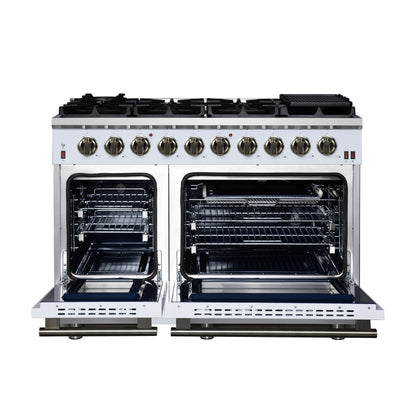 Forno Massimo 48-Inch Freestanding Gas Range with 8 Sealed Burners, 6.58 cu. ft. Oven, Air Fry Kit, Griddle & Wok Support – White with Antique Brass Accents (Model FFSGS6239-48WHT)