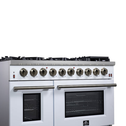 Forno Massimo 48-Inch Freestanding Gas Range with 8 Sealed Burners, 6.58 cu. ft. Oven, Air Fry Kit, Griddle & Wok Support – White with Antique Brass Accents (Model FFSGS6239-48WHT)