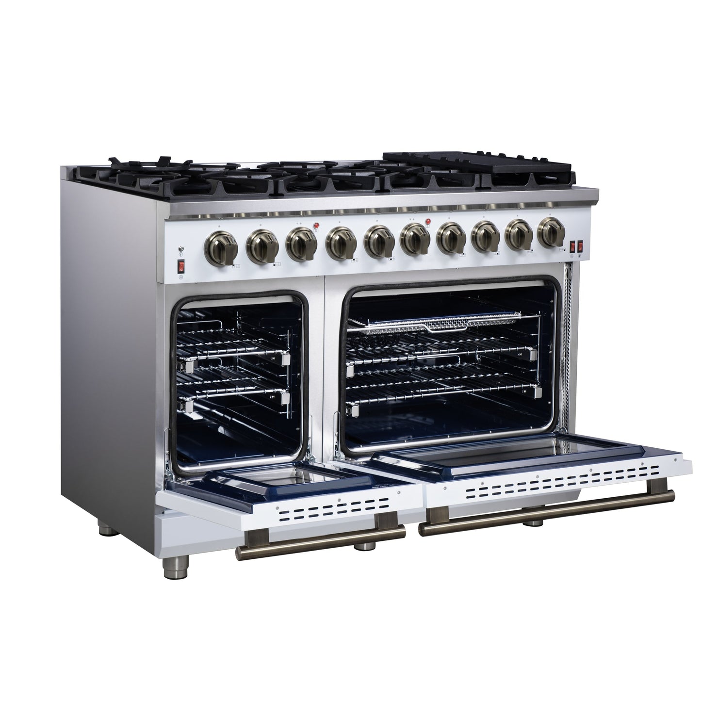 Forno Massimo 48-Inch Freestanding Gas Range with 8 Sealed Burners, 6.58 cu. ft. Oven, Air Fry Kit, Griddle & Wok Support – White with Antique Brass Accents (Model FFSGS6239-48WHT)