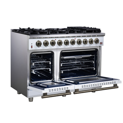 Forno Massimo 48-Inch Freestanding Gas Range with 8 Sealed Burners, 6.58 cu. ft. Oven, Air Fry Kit, Griddle & Wok Support – White with Antique Brass Accents (Model FFSGS6239-48WHT)