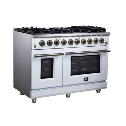 Forno Massimo 48-Inch Freestanding Gas Range with 8 Sealed Burners, 6.58 cu. ft. Oven, Air Fry Kit, Griddle & Wok Support – White with Antique Brass Accents (Model FFSGS6239-48WHT)