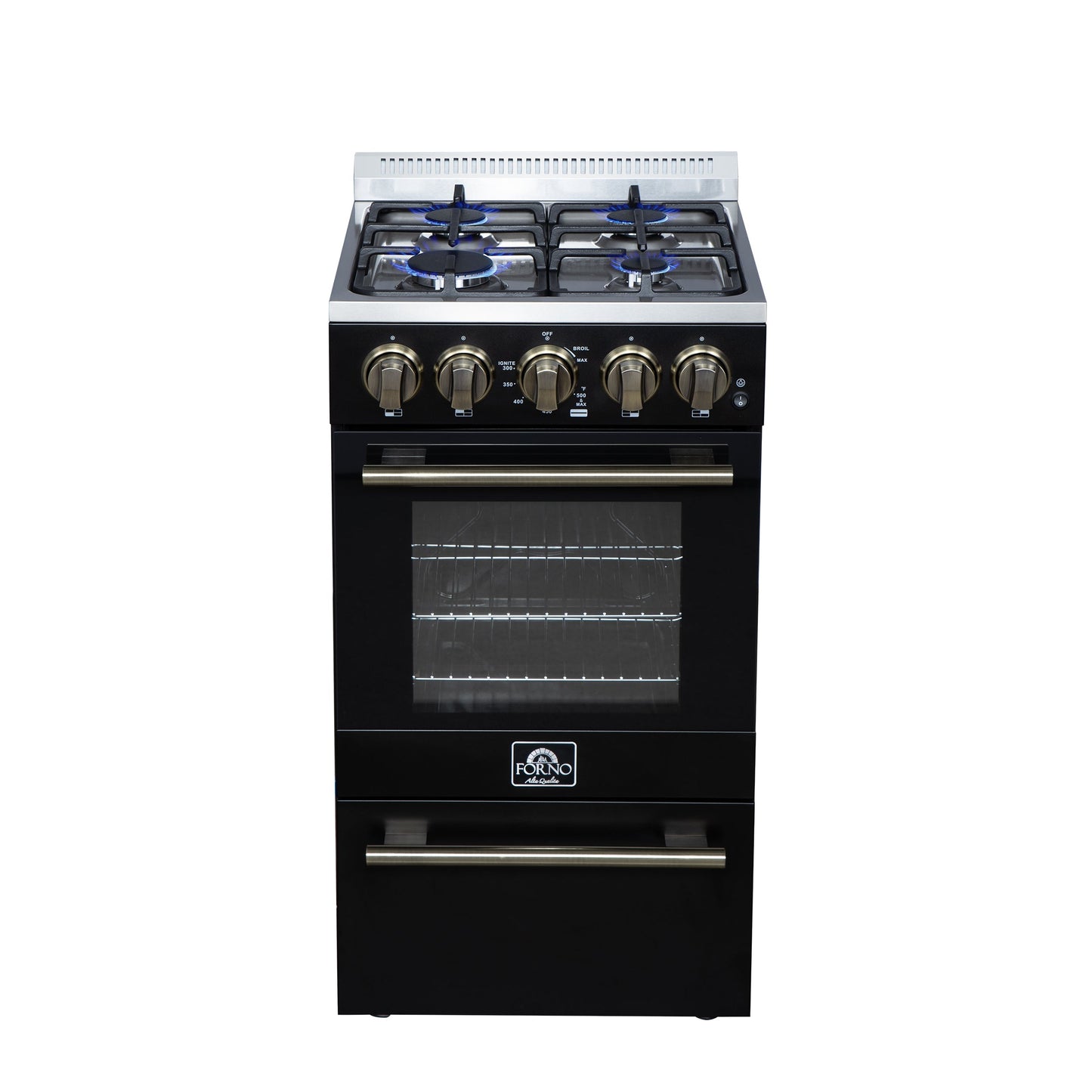 Forno Lamazze 20-Inch Freestanding Gas Range, 2.05 Cu. Ft. Oven, 4 Sealed Burners, Black with Antique Brass Accents (Model FFSGS6265-20BLK)