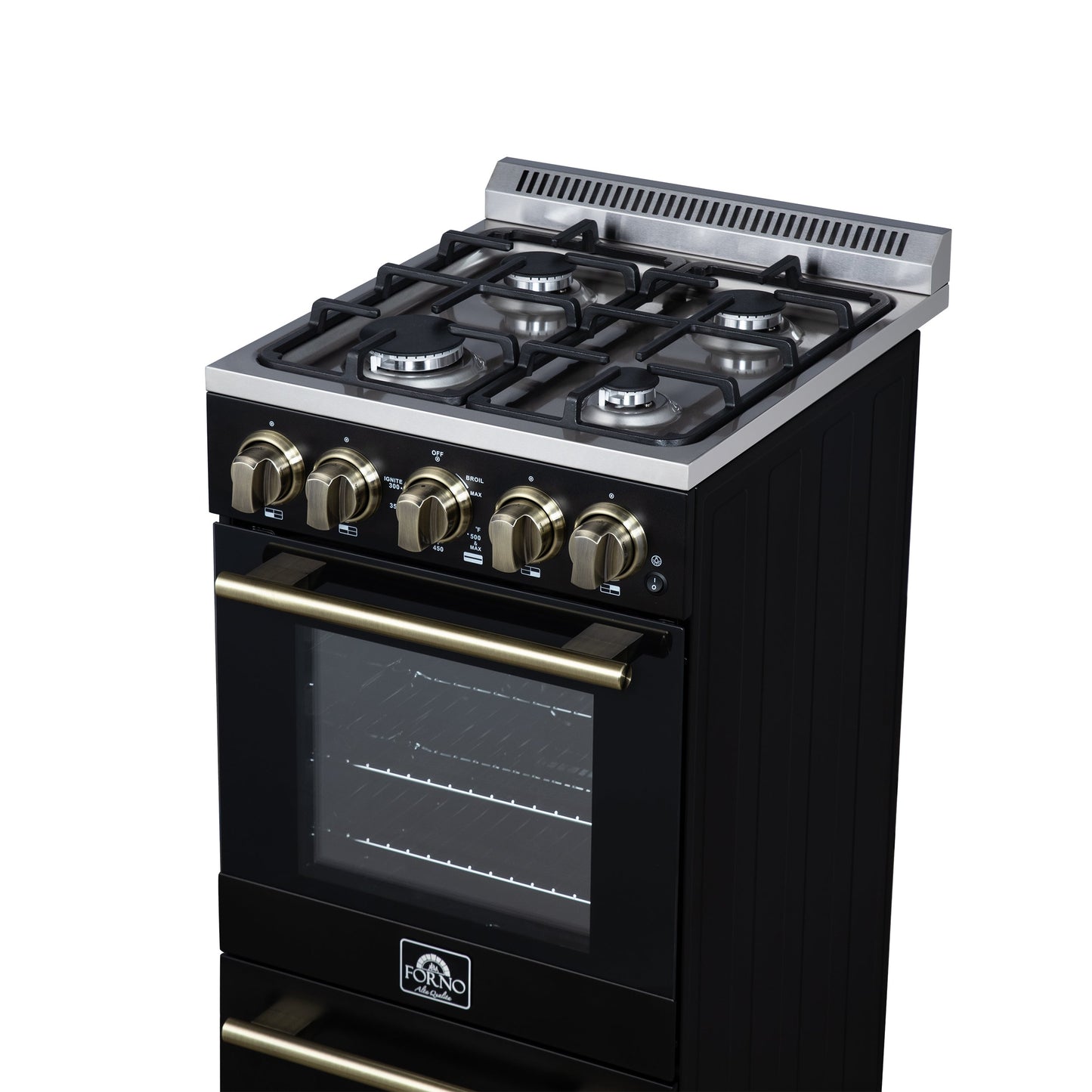 Forno Lamazze 20-Inch Freestanding Gas Range, 2.05 Cu. Ft. Oven, 4 Sealed Burners, Black with Antique Brass Accents (Model FFSGS6265-20BLK)