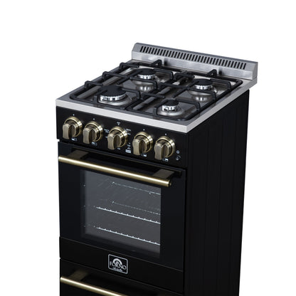 Forno Lamazze 20-Inch Freestanding Gas Range, 2.05 Cu. Ft. Oven, 4 Sealed Burners, Black with Antique Brass Accents (Model FFSGS6265-20BLK)