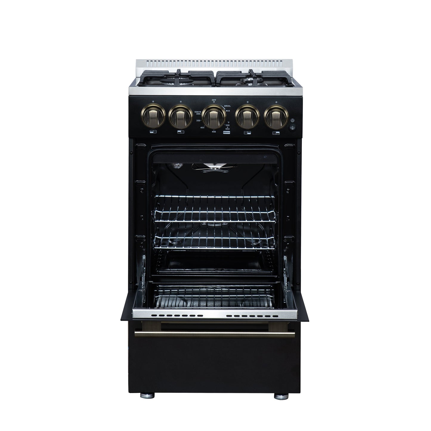 Forno Lamazze 20-Inch Freestanding Gas Range, 2.05 Cu. Ft. Oven, 4 Sealed Burners, Black with Antique Brass Accents (Model FFSGS6265-20BLK)