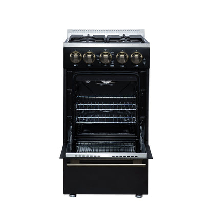 Forno Lamazze 20-Inch Freestanding Gas Range, 2.05 Cu. Ft. Oven, 4 Sealed Burners, Black with Antique Brass Accents (Model FFSGS6265-20BLK)