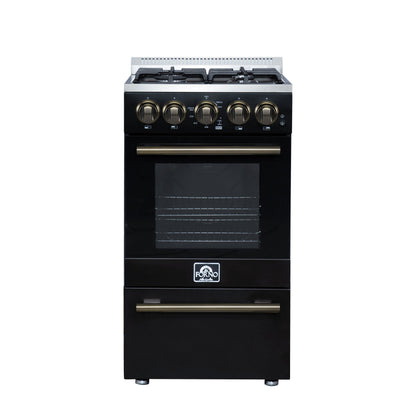 Forno Lamazze 20-Inch Freestanding Gas Range, 2.05 Cu. Ft. Oven, 4 Sealed Burners, Black with Antique Brass Accents (Model FFSGS6265-20BLK)