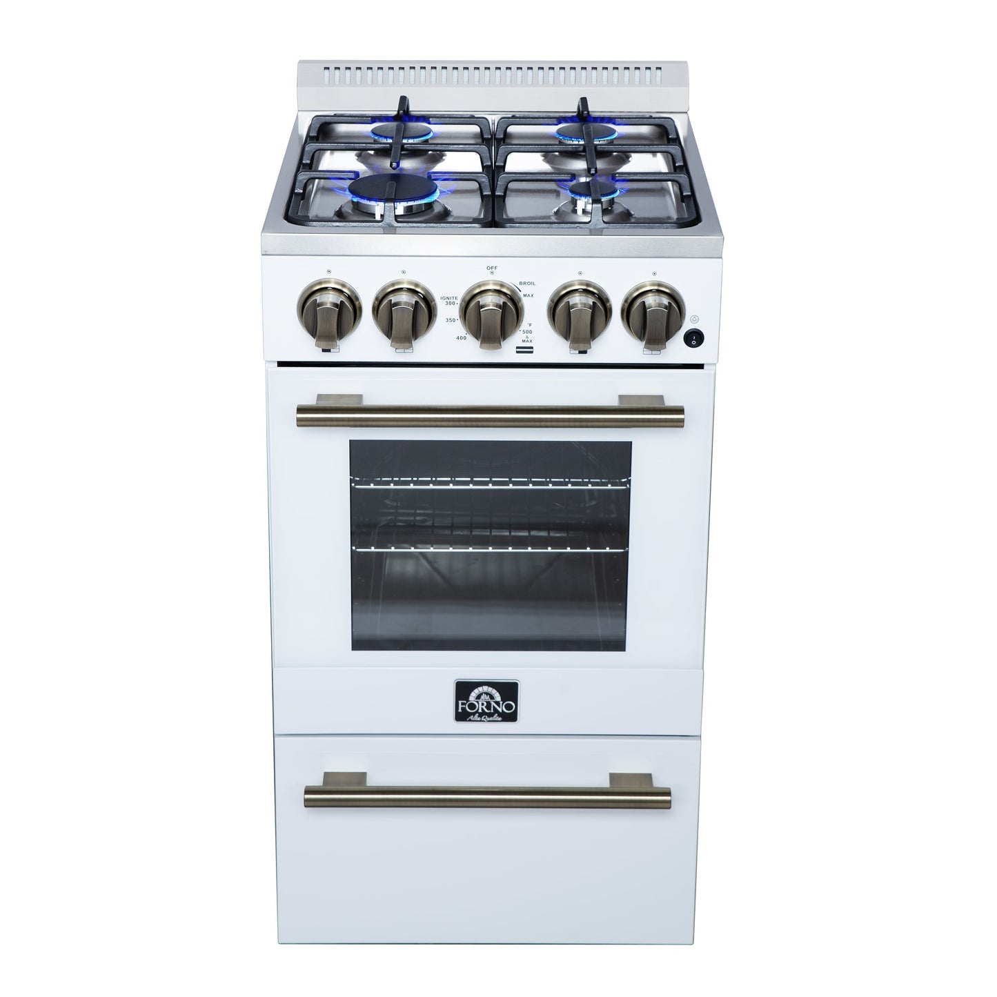 Forno Lamazze 20-Inch Freestanding Gas Range, 2.05 cu. ft. Oven, 4 Sealed Burners, White with Antique Brass Accents (Model FFSGS6265-20WHT)