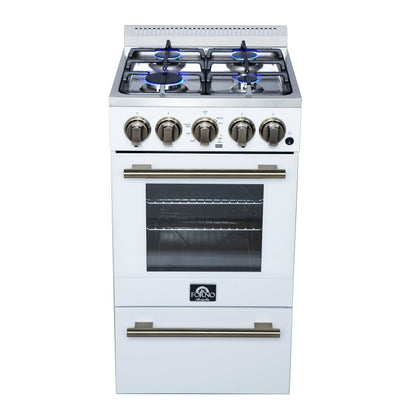 Forno Lamazze 20-Inch Freestanding Gas Range, 2.05 cu. ft. Oven, 4 Sealed Burners, White with Antique Brass Accents (Model FFSGS6265-20WHT)